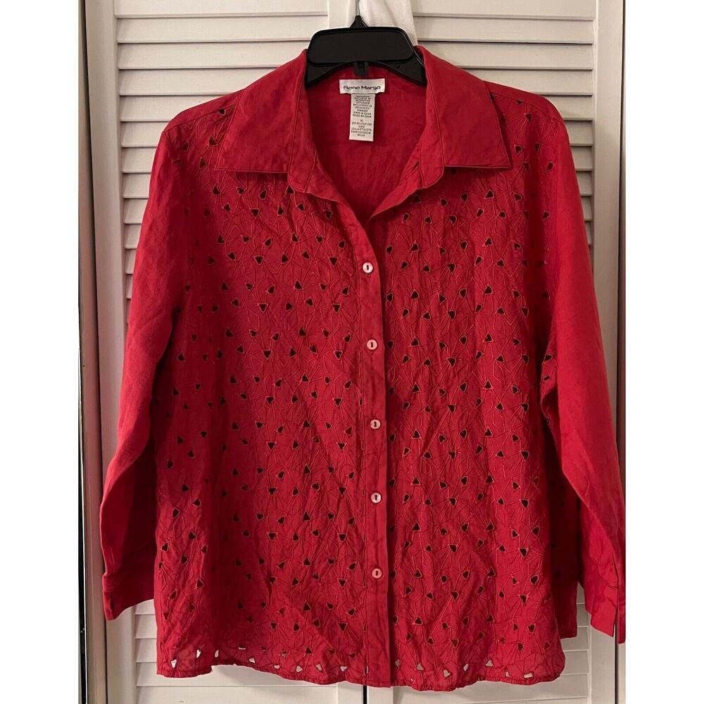 Rene Margo 100% Ramie Women's L/S Blouse XL Red w/Embroidered Cutout Front A+